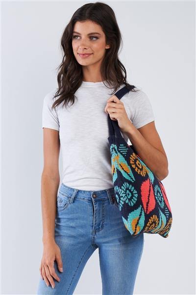 Navy Abstract Leaf Pattern Knit Boho Tote Bag /1 Bag ** Free Shipping** - Simpleaholic