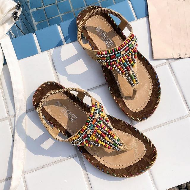 Women Sandals Ladies String Bead Casual Beach Summer Flat Platform  T-strap Flip Flops Beach Shoes Outdoor - Simpleaholic