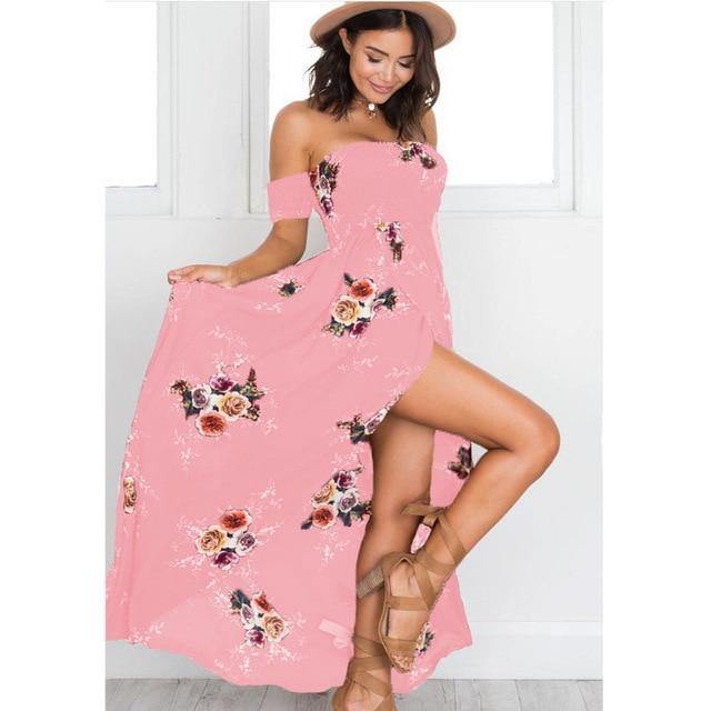 Summer Chiffon Dress Women Casual Off Shoulder Boho Style Floral Print Long Dress Maxi Dress Vestidos - Simpleaholic