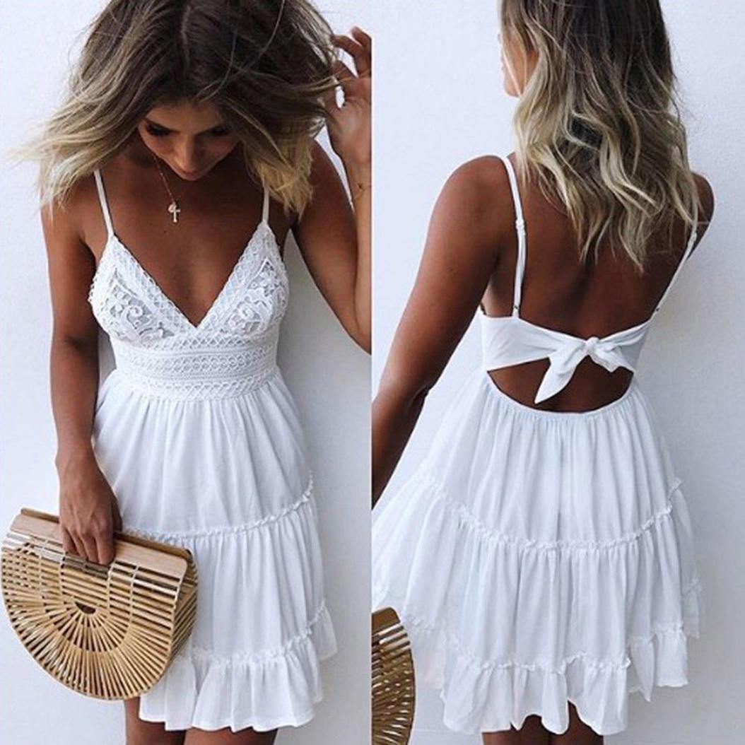 Boho Summer Dress Women Sexy Strappy Lace White Mini Dresses Female Ladies Beach V Neck Party Sundress Black Yellow Pink - Simpleaholic